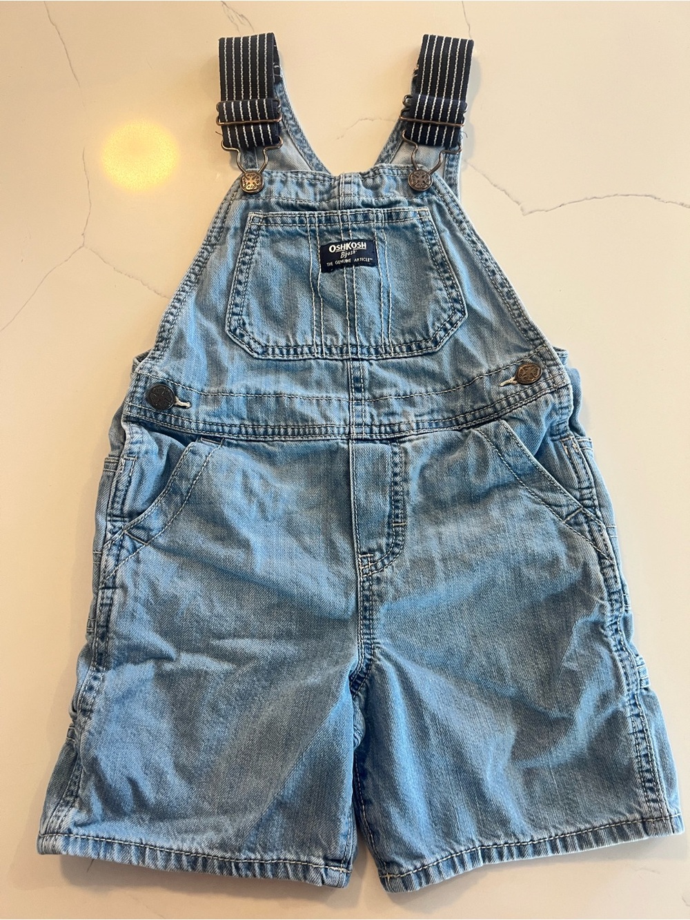 OshKosh B'gosh Light Wash Denim Short overalls with Striped Straps